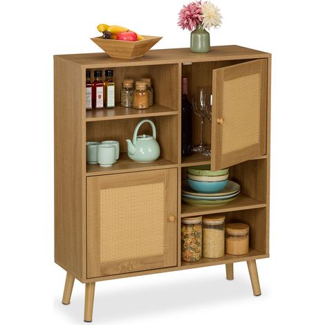 Relaxdays Sideboard, 2 Rattan-Türen, 4 offene Fächer, 2 Schrankfächer, 97x80x25 cm, Wohnzimmer, Küche, Kommode, natur (1/5)