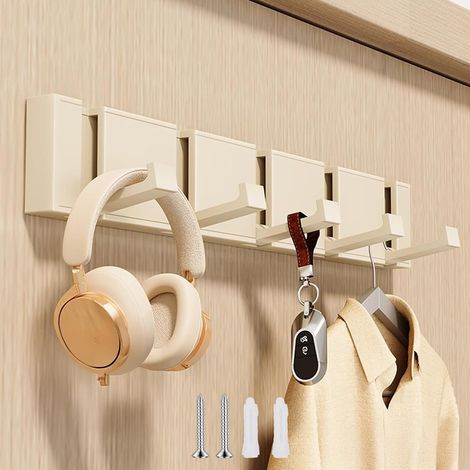 Ganchos de pared retráctiles modernos, 5 ganchos de color blanco crema, para baño o recibidor. (1/4)