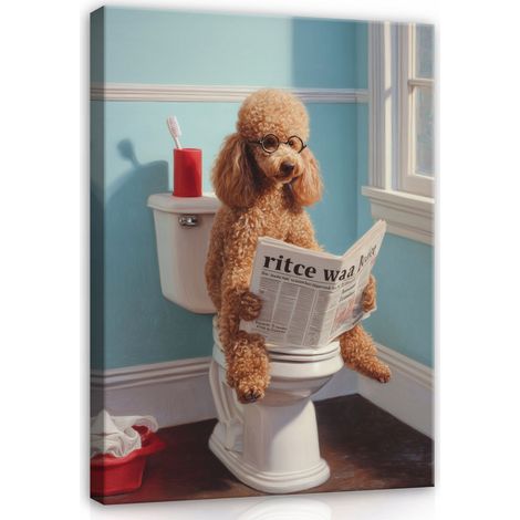 Tableau sur toile caniche drôle lisant le journal aux toilettes – Décoration murale pour salle de bains et WC – 40 x 30 cm (1/4)