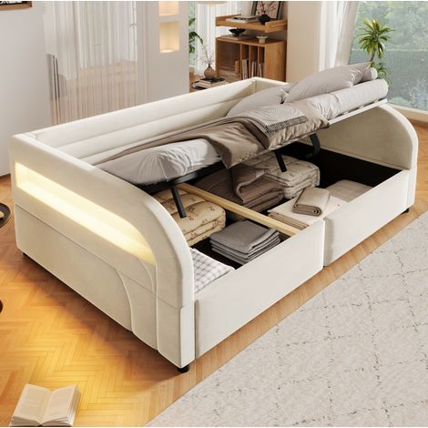Letto singolo 140x200 cm beige in flanella con contenitore idraulico e LED RGB (1/5)