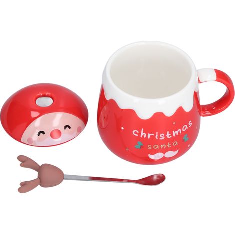 Mug de Noël 450ml avec Cuillère et Couvercle, Tasse Céramique Élégante pour Café ou Thé, Idéal Bureau