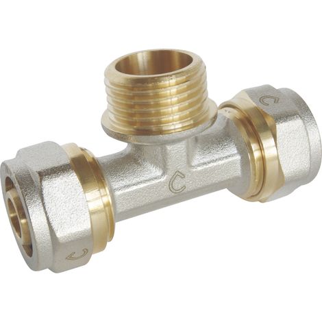 Té à visser pour tube Multicouche Ø20 -  Mâle 15/21 au centre :  Ø20 -M15/21-Ø20