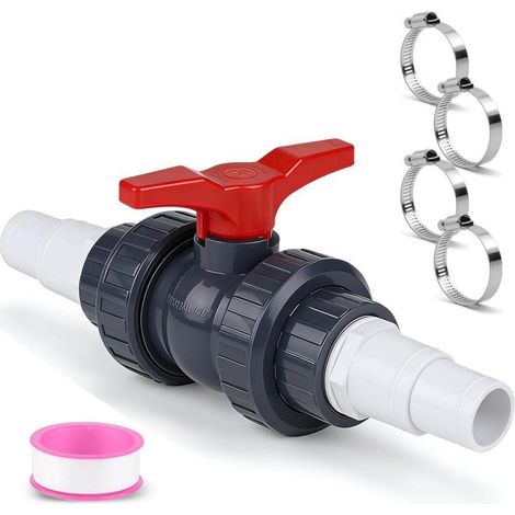 Robinet à boisseau sphérique avec raccord de tuyau 1 1/2" (50mm) pour tuyaux de 32/38mm, vanne d'arrêt en PVC
