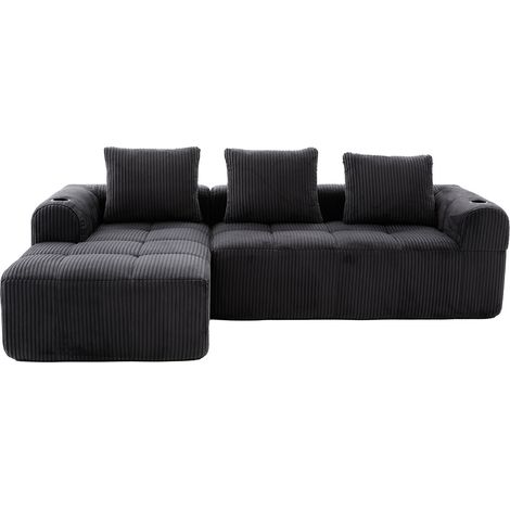 Sofá modular de corduroy gris oscuro con cojines, bolsillo lateral y portavasos (1/5)