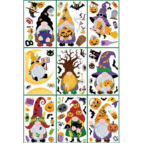 W13 DEHOBO Autocollants statiques d'Halloween, sorcier avec citrouille, lune et chat noir, lot de 9 pièces (1/2)