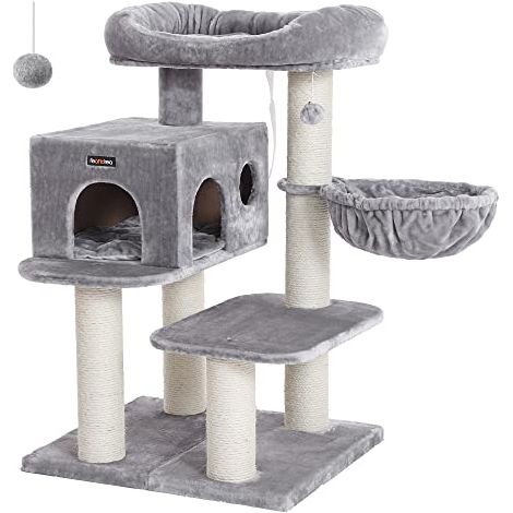 FEANDREA Arbre à Chat, avec Plate-Forme d’Observation XXL, Hamac, Grande Grotte, Troncs épais en sisal, Stable, Gris Claire