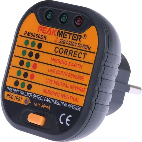 Testeur de Prise Électrique Automatique, Neutre Terre Phase et Test RCD, 220-250 V, LED Diagnostic,... (1/4)