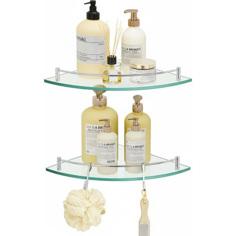 Lot de 2 étagères d'angle en verre avec crochets en acier inoxydable 18/8, étagère d'angle de salle de bain en verre trempé avec rail, étagère en verre de douche, montage mural, finition polie (1/5)