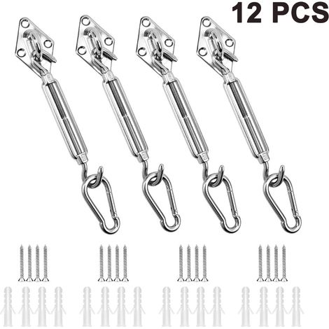 Ensemble de 12 accessoires pour voile d'ombrage, hamac, crochet de plafond, chaise suspendue, kit de montage en acier inoxydable de haute qualité pour un montage sécurisé des voiles d'ombrage carrées 