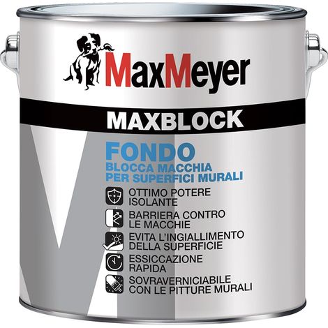 MAXMEYER MAXBLOCK Fondo Isolante per interni, Barriera Contro le Macchie, Sovraverniciabile, A+ Senza Formaldeide, Bianco, 2,5 Litri (1/3)