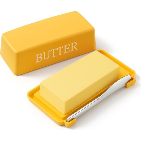 Beurrier avec couvercle et spatule, récipient de rangement compatible lave-vaisselle pour plan de travail ou réfrigérateur, jaune (1/5)
