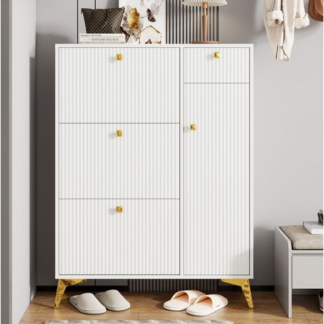 Meuble à chaussures 90x25x121 cm en bois blanc, avec rangement pour entrée, moderne FloraGrace (1/5)