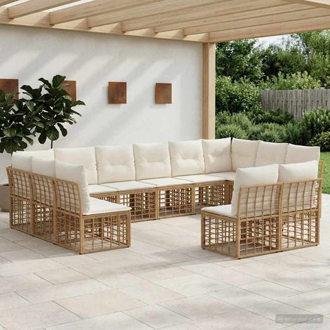 Salon de jardin d'angle modulable en poly rotin, blanc naturel et crème, 12 places - PANGIVO (1/5)