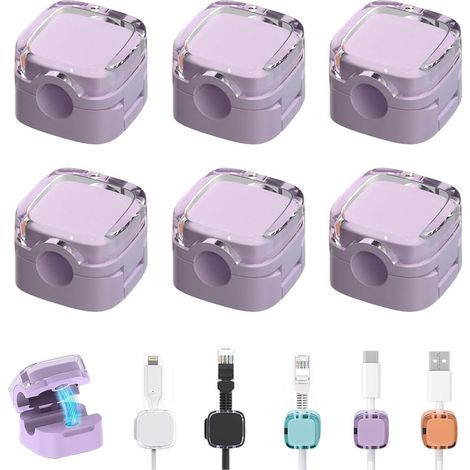 Set di 6 clip magnetiche per cavi con nastro adesivo, organizer per cavi per caricabatterie da scrivania, viola - AquaForge (1/5)