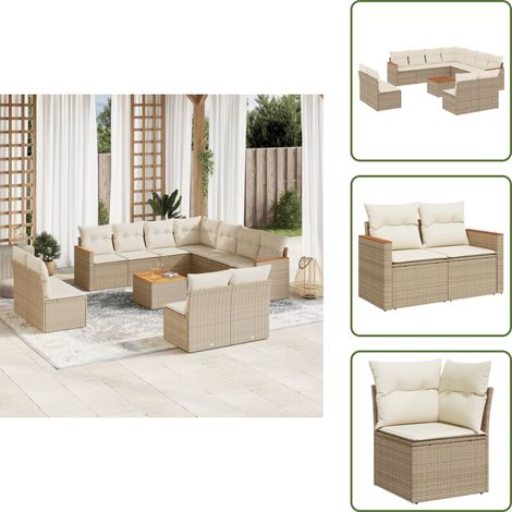 The Living Store Salon de jardin avec coussins 12 pcs beige résine tressée - Ensemble Salon De Jardin - Mobilier Extérieur - Canapé Jardin - Table Basse Jardin - Chaise Lounge