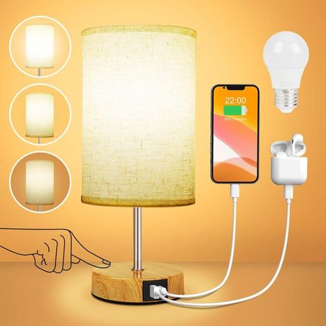 Lampe de chevet tactile ACKERMAN avec ports USB-A et USB-C, 3 niveaux d’intensité, abat-jour en lin, base en bois, pour chambre ou salon (ampoule incluse) (1/5)