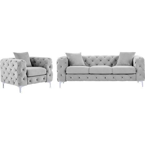 Vente-Unique – Canapé Chesterfield 3 places en velours gris clair – Capitonné – Structure bois et métal – Charge maximale 360 kg – Dimensions 220x91x76 cm (1/5)
