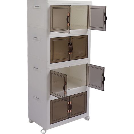 Boîte de rangement pliable et empilable avec double porte magnétique verrouillable et roulettes, coins arrondis, idéale pour la chambre à coucher (4 niveaux). (1/5)