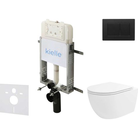 kielle Genesis New - Conjunto de instalación empotrada, inodoro Oudee, Vortex Rimless+, asiento softclose y pulsador Gemini New III, negro mate 30528SZ36