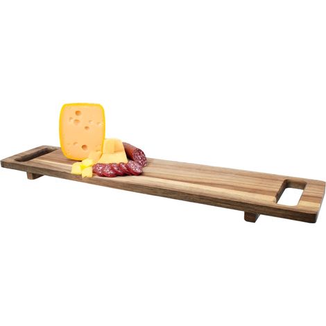 Akazien Serviertablett rechteckig lebensmittelecht - 60 x 13 cm - Holzbrett natur mit zwei Griffen und Füßen - Servierplatte Wurstplatte Tapasplatte Küchenbrett Deko Brett