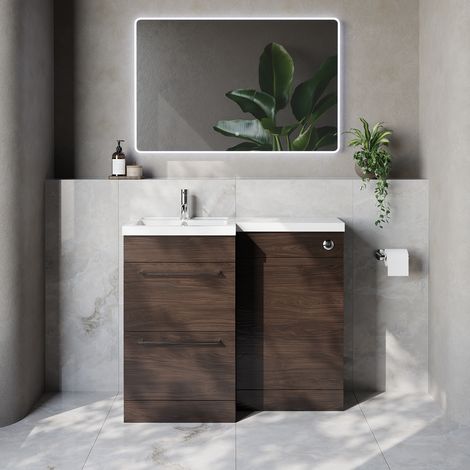 Napoli 390 Brown Oak 1000mm 2 Drawer Vanity Unit Toilet Suite with Left Hand Square Lucia Basin - 1000mm - Chrome 320mm HandleWithout Kingston Toilet Pan