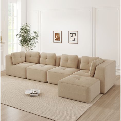 REDOM - Divano angolare modulare 4 posti, seduta profonda, schiuma ad alta densità, braccioli larghi, velluto a coste beige (1/5)