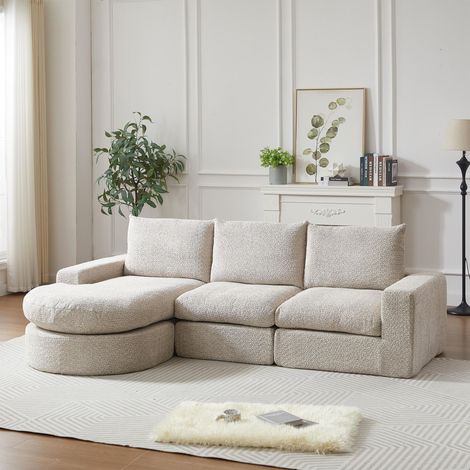 Divano angolare modulare 3 posti, divano in schiuma compressa con chaise longue per soggiorno, rivestimento in ciniglia confortevole, senza montaggio, 250x160x80 cm, beige (1/5)