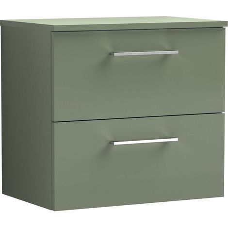 Balterley Bramshall Modern Bathroom 2 Soft Close Drawer Wall Hung Vanity Unit with Worktop, Satin Green, 600 mm