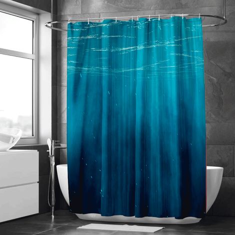 Rideau de douche motif monde sous-marin aquarelle stylisé, polyester imperméable, 90x180 cm (1/5)