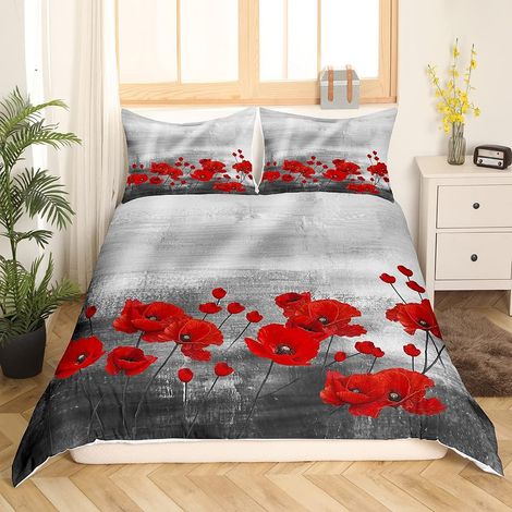 Red Poppy Print Duvet Cover 240 x 260 cm Watercolor Floral Art Bedding Set Women Girl Romantic Plant Nature Bedding Set Grey Red Microfiber Bedding (1/5)