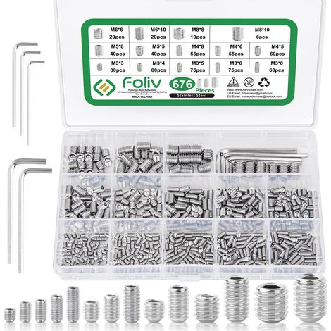 Lot de 676 vis sans tête en acier inoxydable M3 M4 M5 M6 M8 Vis sans tête à six pans creux DIN 913 Vis à tête hexagonale avec clé pour poignée de porte (1/5)