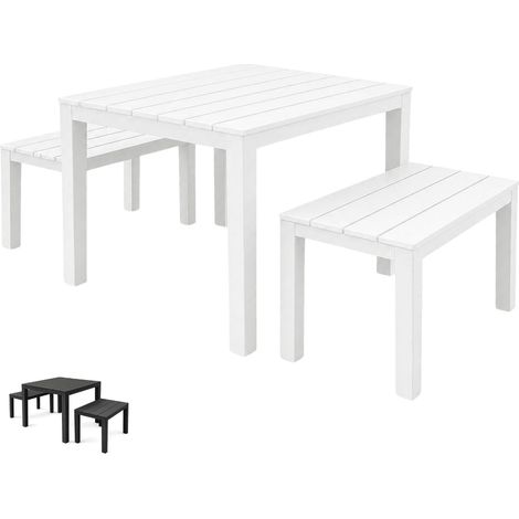 Set Pranzo per Esterno e Interno in Polipropilene Resistente composto da 2 Panche e 1 Tavolino Quadrato - Bianco (1/5)