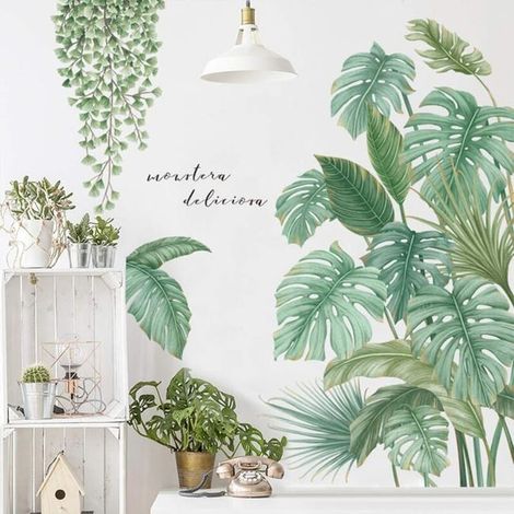Pegatinas de pared de plantas tropicales para hacer tú mismo, plantas verdes, naturaleza, árbol gigante colgante, enredadera, hojas frescas, calcomanías de pared (1/4)