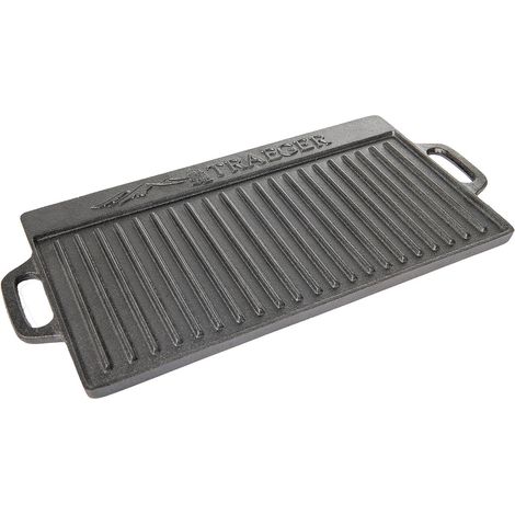 Plaque plancha réversible en fonte – Grille de barbecue double face – Côté lisse pour crêpes et côté côtelé pour viandes – Répartition uniforme de la chaleur – Traeger (1/2)