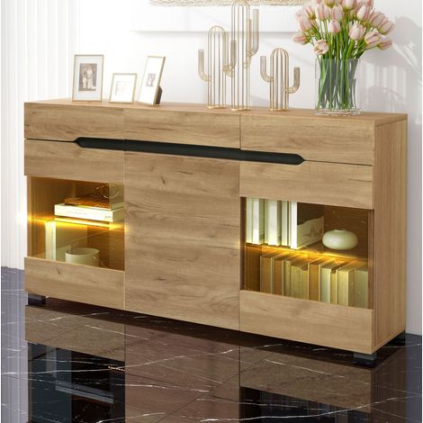 Aparador LED 140 x 35 x 80 cm con puertas de acrílico, estantes de vidrio templado, roble DESVIAE (1/5)