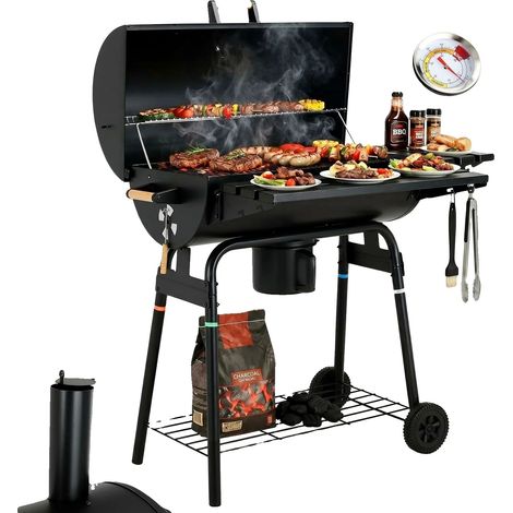 Parrilla de carbón, termómetro incorporado, estantes laterales plegables, color negro. (1/2)