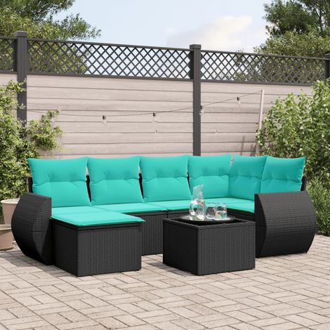 7-teiliges Gartensofa-Set mit Kissen, schwarzes Polyrattan (1/5)