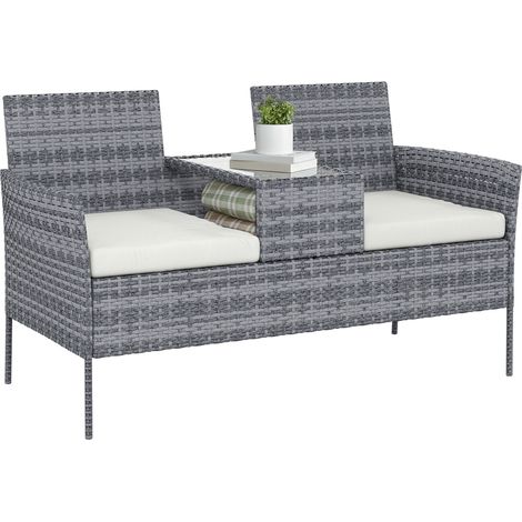Panca da giardino 2 posti in resina intrecciata con tavolo e cuscini - 135 x 64 x 81 cm - Nero, per balcone e terrazza