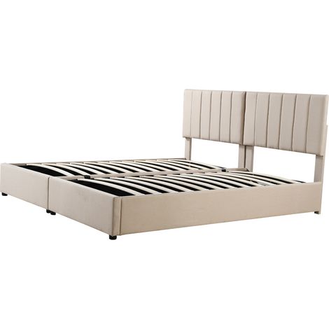 Gepolstertes Bett 180x200 cm mit hydraulischem Stauraum, beiges Leinen, MODENUIT (1/5)