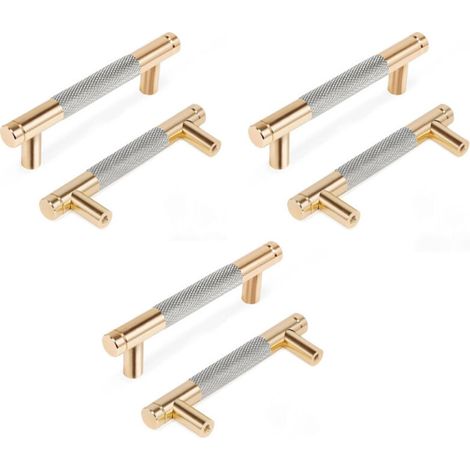 Gerändelte Möbelgriffe, Küchenschrankgriffe, Schubladengriffe, 96 mm Lochabstand, 6 Stück (Gold + Grau) (1/5)