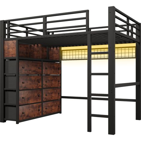 Etagenbett 140x200 cm aus schwarzem Metall mit 8 Schubladen, Regalen, Lochwand und LED (1/5)