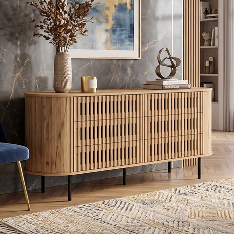 Creahappy Enfilade 160x40x70 cm avec 6 Tiroirs - Optimisation de l'Espace - Commode Buffet Bois Naturel Style Japandi Pieds Métal (1/5)