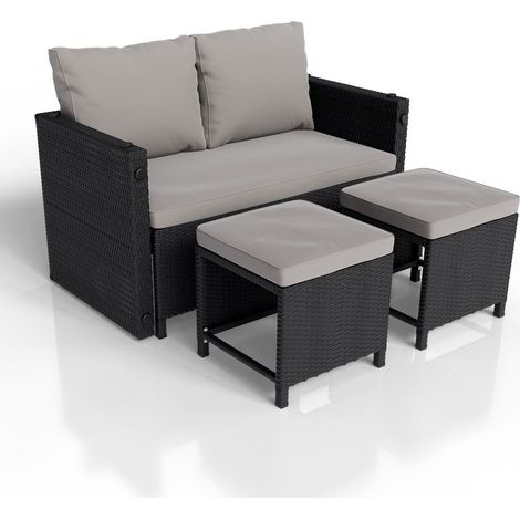 Mobili da giardino 2in1 in polyrattan Jamaica   Nero  Set da salotto per piccoli balconi in resistente polyrattan (1/2)