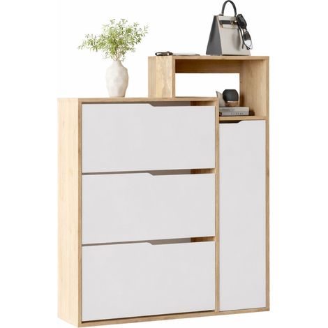 Meuble d'Entrée à Chaussures 4 Portes 4 Niches Chêne et Blanc L 108.2 H 130.6 P 29.8 cm (1/5)