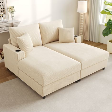 Divano letto 2 posti con porta telefono, USB e portabicchieri, beige DESVIAE (1/5)