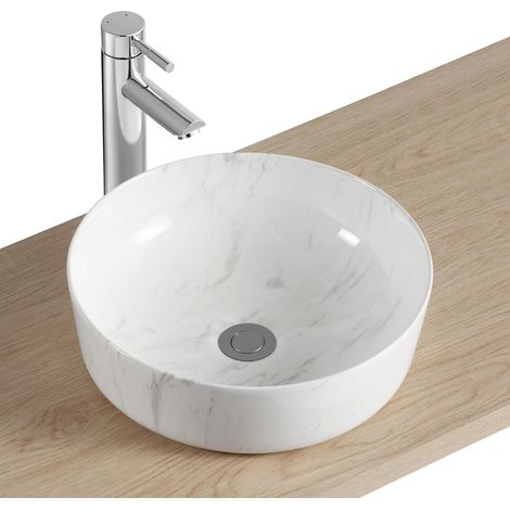 Mob-In – Vasque à poser ronde en céramique effet marbre blanc 48cm – Hauteur 12cm – Trou d'évacuation standard 45mm – Pour meuble ou plan de travail
