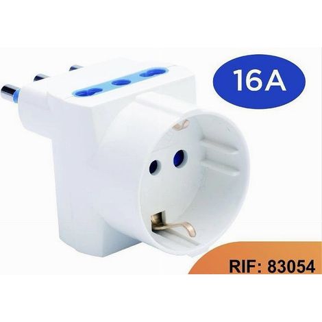 Trade Shop - Adattatore Spina Angolare 16a 2 Bipasso 10a/16a 1 Presa Schuko 16a Laterale 83054 - (1/4)