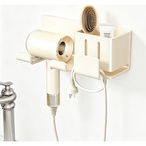 Support pour sèche-cheveux sans perçage, organisateur de salle de bain étanche avec crochet, étagère murale gain de place pour petits espaces, dimension 2188 cm(gris)