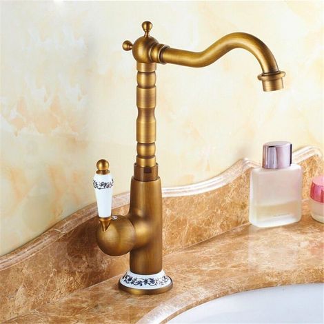Kitchen brass vintage antique ceramic hot and cold faucet kitchen basin with rotating spout faucet sink (1/3)