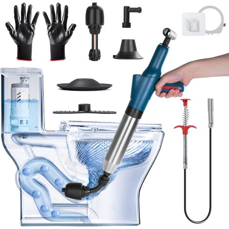 Déboucheur de canalisations à air comprimé, pompe avec indicateur de pression d'air, pompe de nettoyage de canalisations à air comprimé avec 4 ventouses, gants et pince à griffes, pour WC, toilettes (1/5)